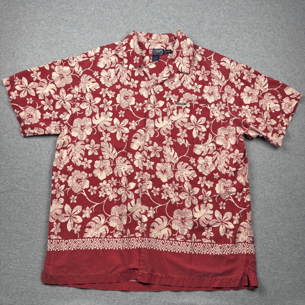 Chaps Ralph Lauren Mens XXL Red Hibiscus Floral Cotton Short Sleeve Button Shirt